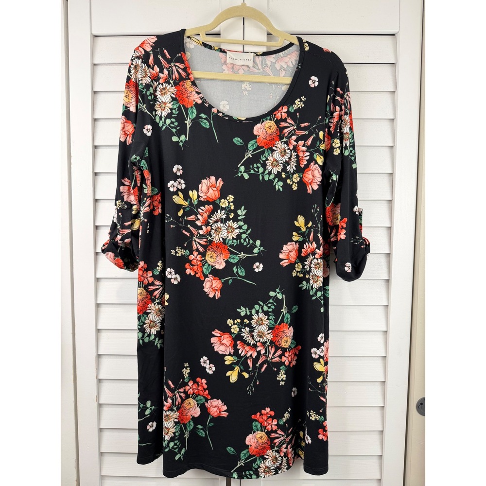 French‎ Grey Dress XL Black Floral Roll Tab Sleeve Shift Tunic